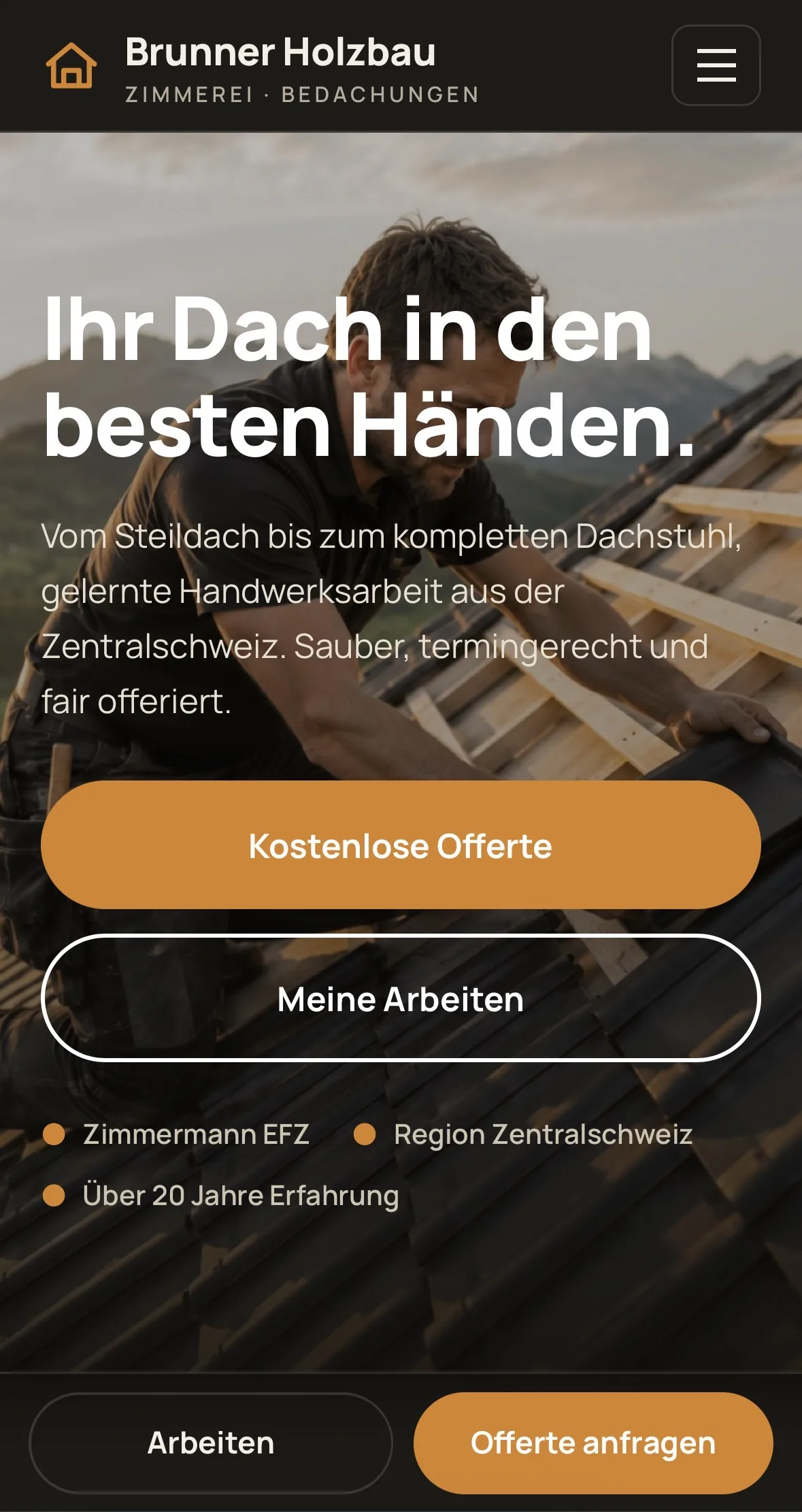 Eine Handwerker-Website auf dem Smartphone: Anrufen, Leistungen, Einzugsgebiet.